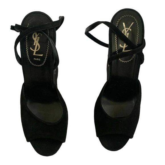 Saint Laurent Suede Cassandra Logo Ankle Strap Wedge - 8 US, Black fits 7.5 US - Picture 3 of 16